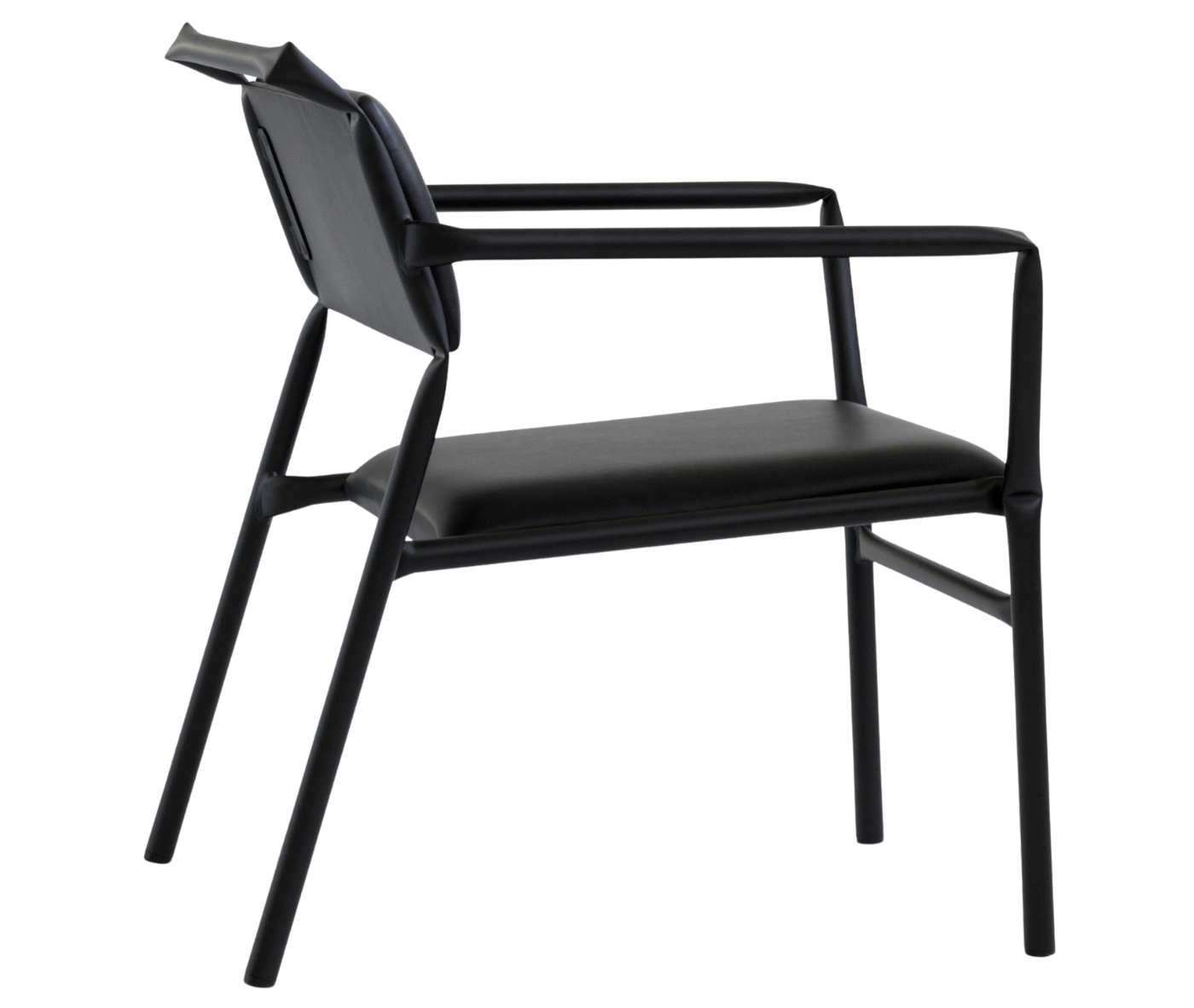 Bla Station Superstraw armchair, angled side view with upholstered seat and backrest on a black metal frame with armrests.