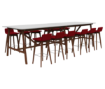 Boss Design Agent High table, angled front-left view, white tabletop with dark wooden frame surrounded by red upholstered bar stools.