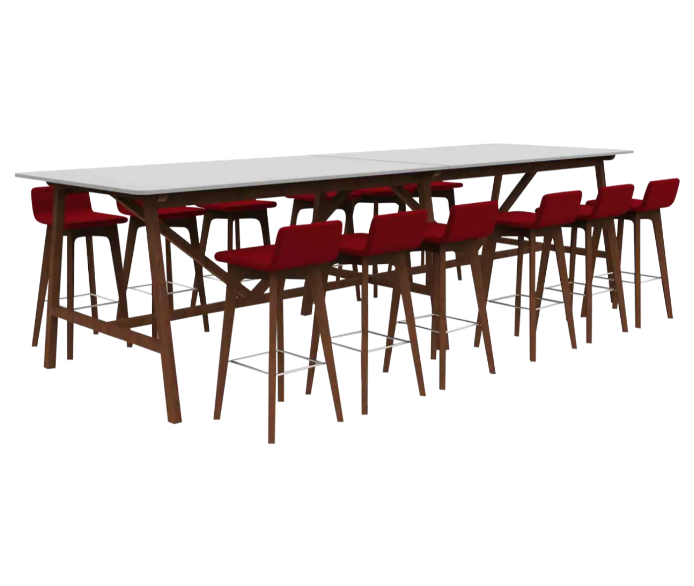 Boss Design Agent High table, angled front-left view, white tabletop with dark wooden frame surrounded by red upholstered bar stools.