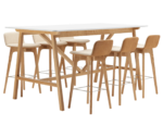 Boss Design Agent High table, angled front-left view, white tabletop with wooden frame surrounded by upholstered bar stools.