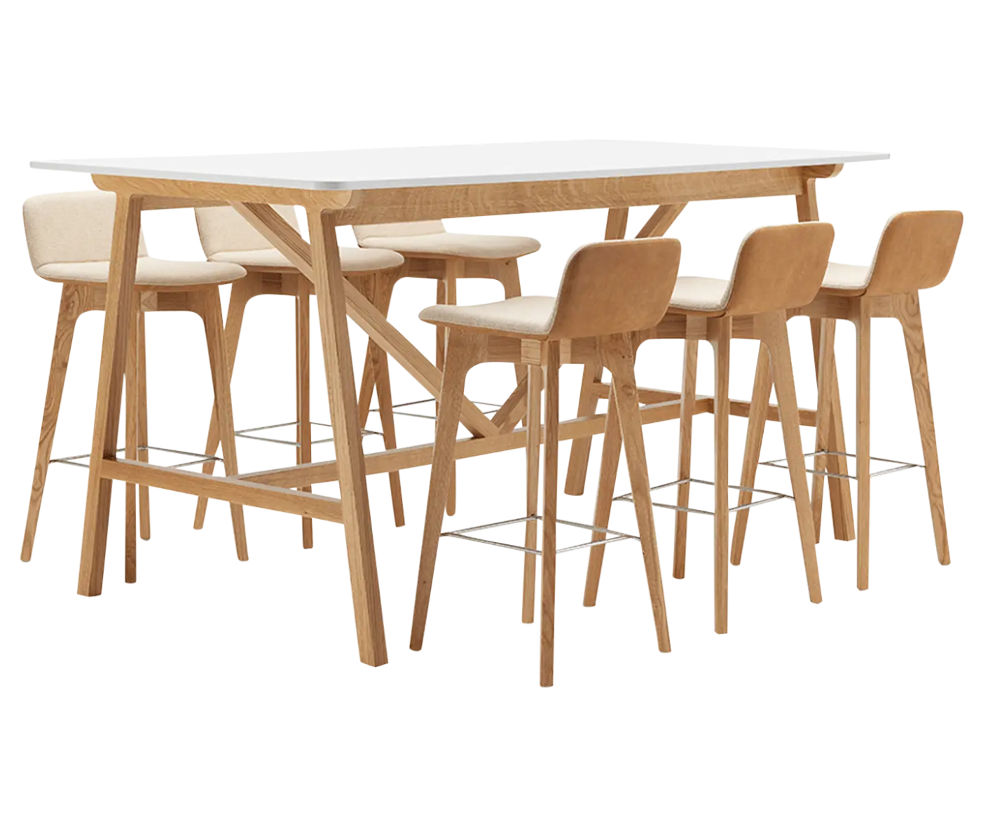 Boss Design Agent High table, angled front-left view, white tabletop with wooden frame surrounded by upholstered bar stools.