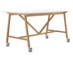 Boss Design Agent High table, angled front-left view, white tabletop, wooden frame and wheels.