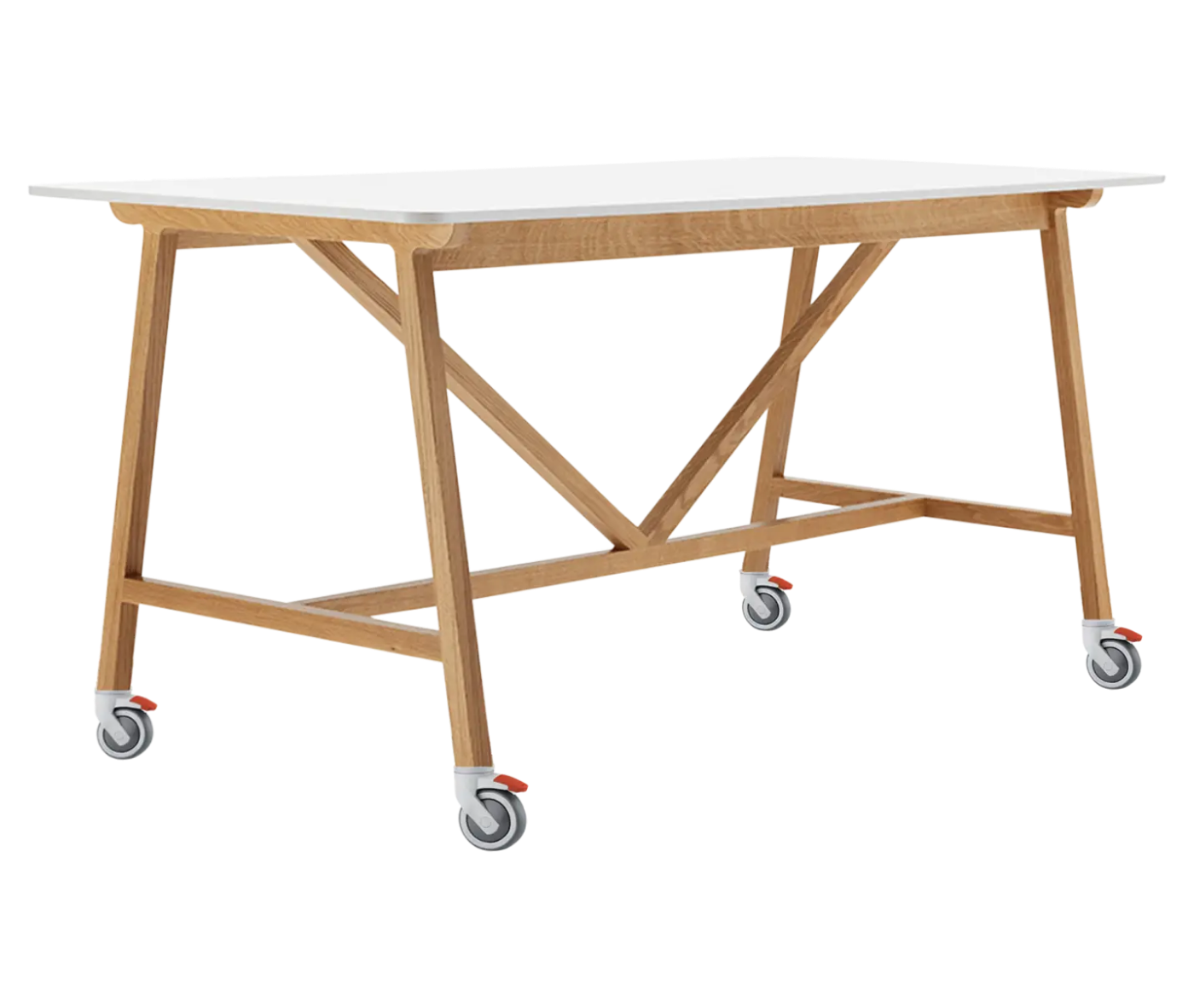 Boss Design Agent High table, angled front-left view, white tabletop, wooden frame and wheels.
