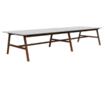 Boss Design Agent Low table shown in front-left view, extended version, white tabletop and dark wooden frame.
