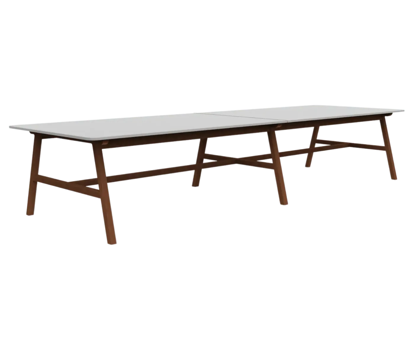 Boss Design Agent Low table shown in front-left view, extended version, white tabletop and dark wooden frame.
