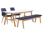 Boss Design Agent Low table, white tabletop with wooden frame surrounded by blue upholstered chairs and bench.