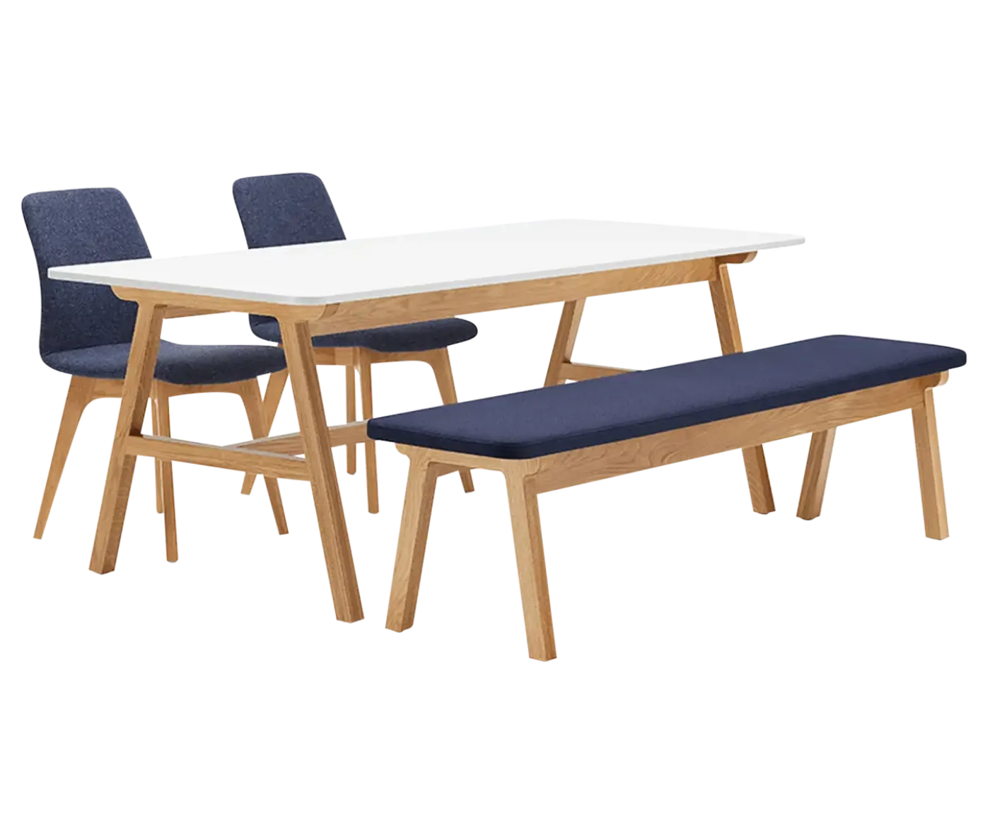 Boss Design Agent Low table, white tabletop with wooden frame surrounded by blue upholstered chairs and bench.