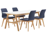 Boss Design Agent Low table, extended version, white tabletop with wooden frame surrounded by blue upholstered chairs.