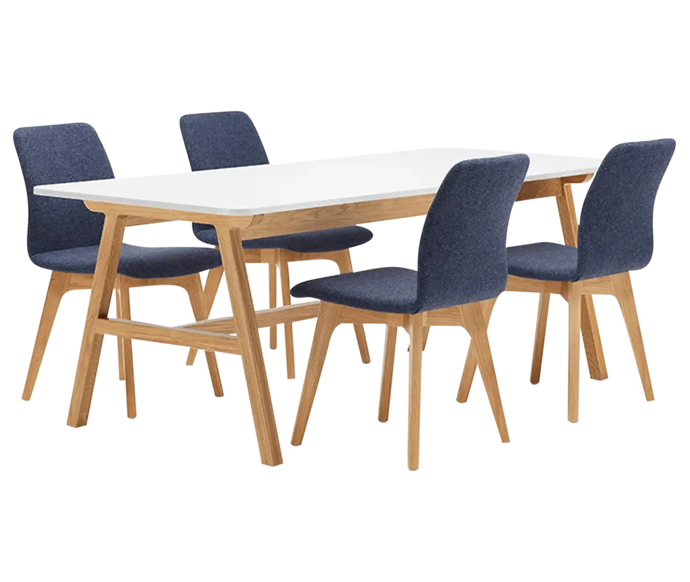 Boss Design Agent Low table, extended version, white tabletop with wooden frame surrounded by blue upholstered chairs.