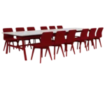 Boss Design Agent Low table, extended version, white tabletop with red frame surrounded by red upholstered chairs.