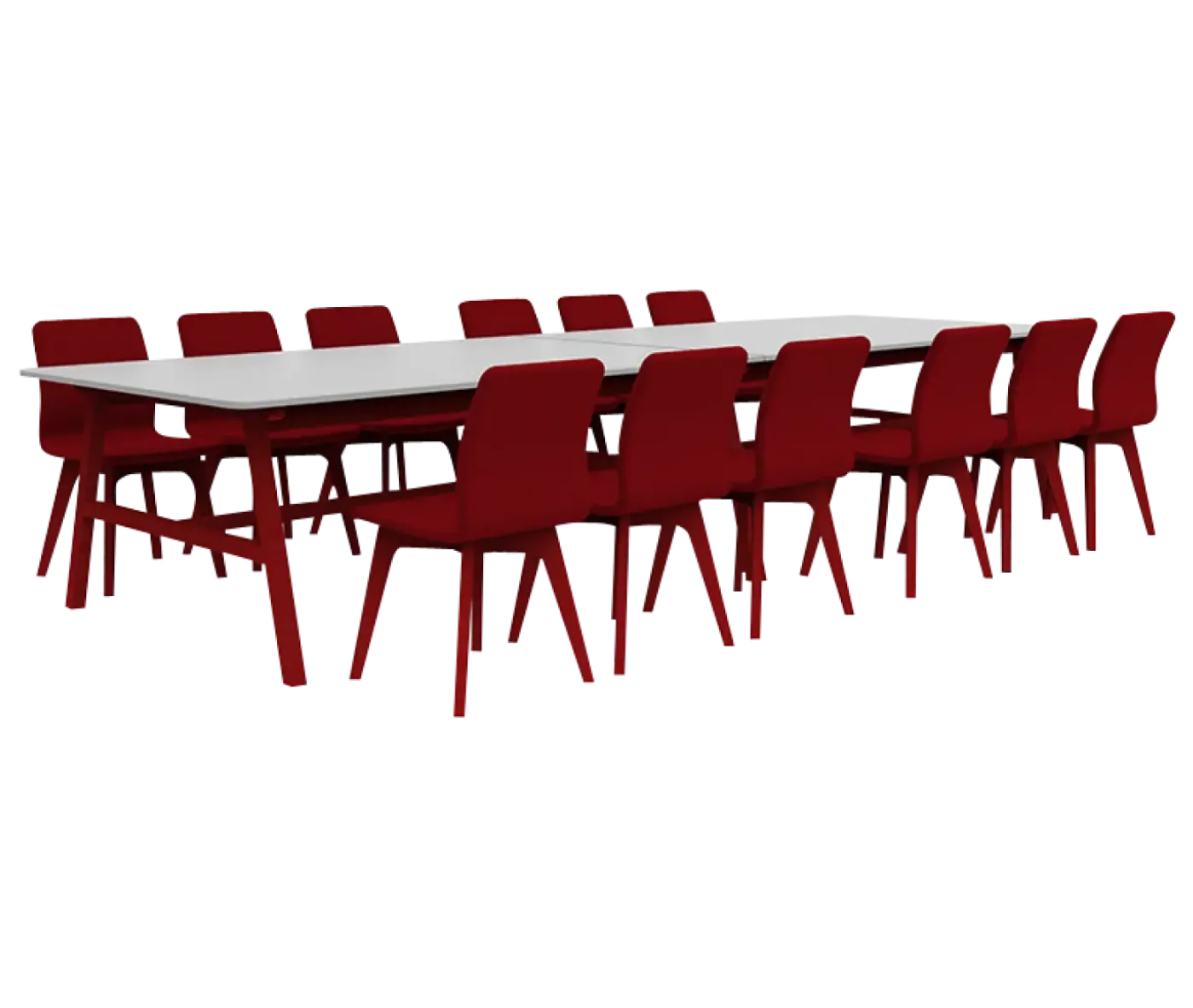 Boss Design Agent Low table, extended version, white tabletop with red frame surrounded by red upholstered chairs.