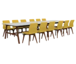 Boss Design Agent Low table, white tabletop with brown wooden frame surrounded by yellow upholstered chairs.