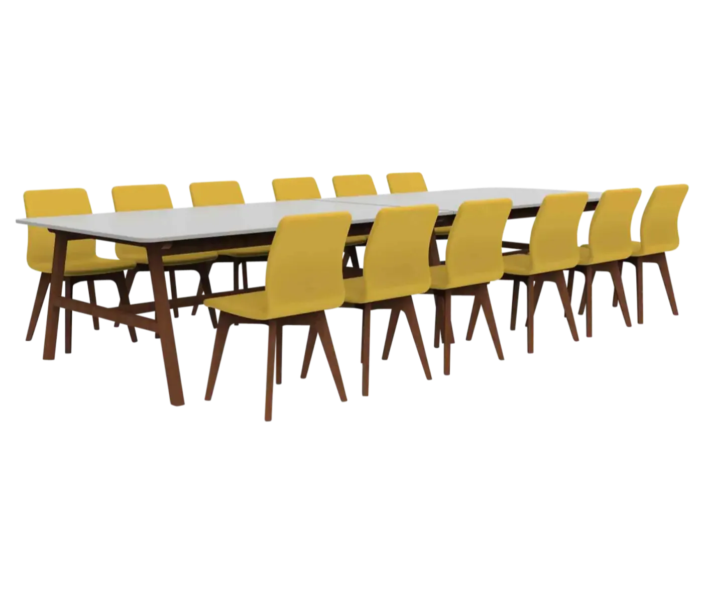 Boss Design Agent Low table, white tabletop with brown wooden frame surrounded by yellow upholstered chairs.