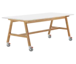 Boss Design Agent Low table, shown in front-left view, white tabletop with wooden frame and wheels.