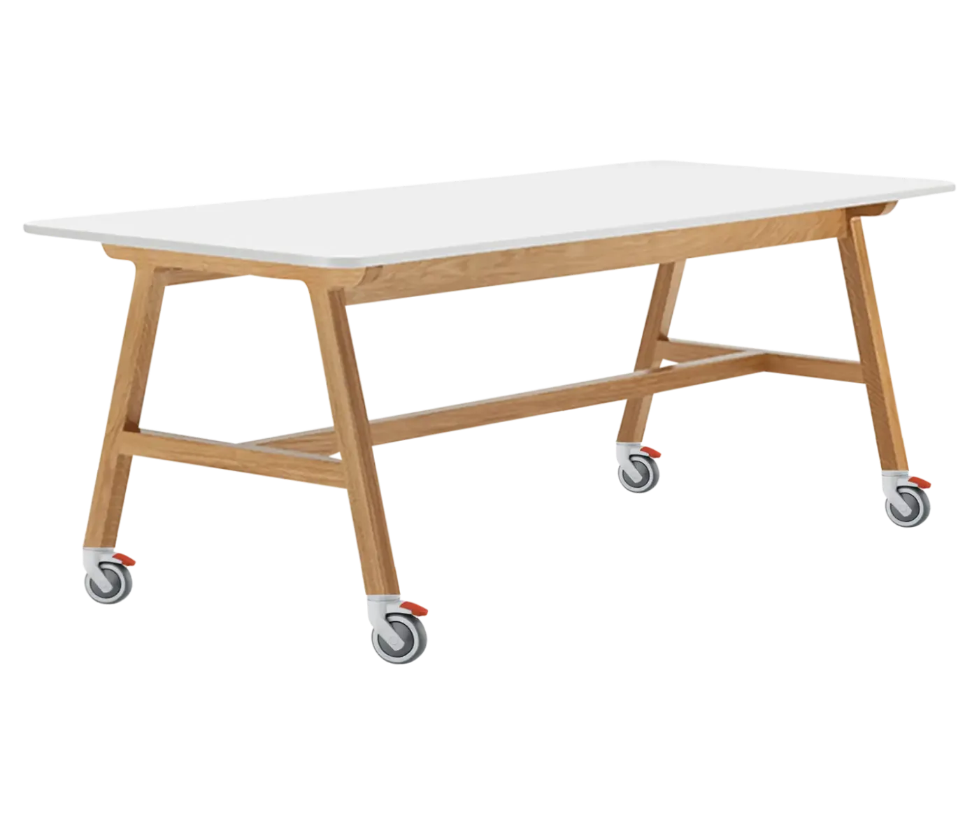 Boss Design Agent Low table, shown in front-left view, white tabletop with wooden frame and wheels.