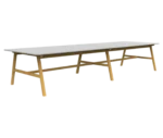 Boss Design Agent Low table, shown in front-left view, extended version, white tabletop and light wooden frame.