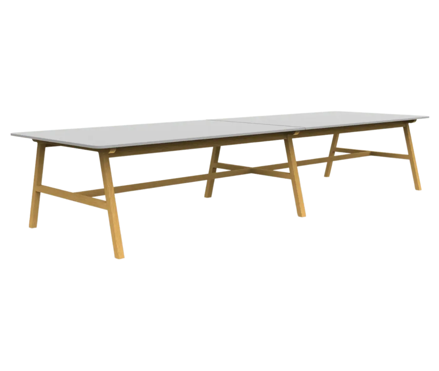 Boss Design Agent Low table, shown in front-left view, extended version, white tabletop and light wooden frame.