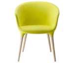 Cizeta Spring 1650 lounge chair in front view lime green curved upholstered shell and timber legs.