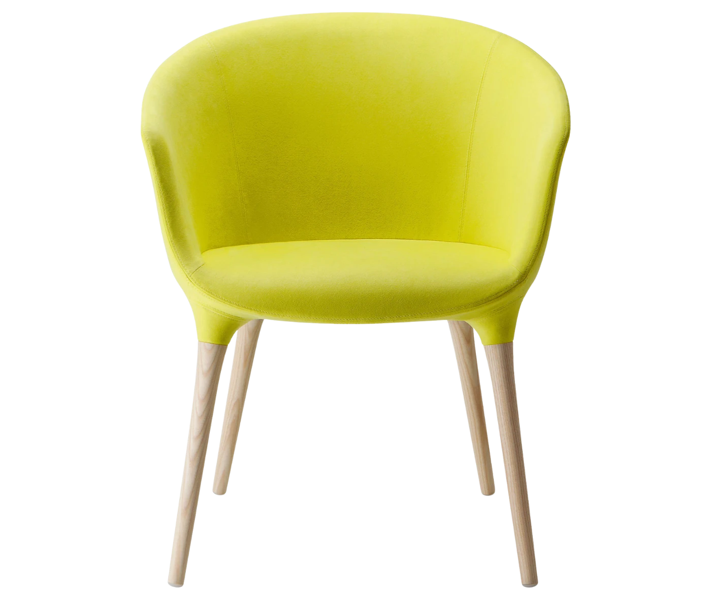 Cizeta Spring 1650 lounge chair in front view lime green curved upholstered shell and timber legs.