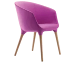 Cizeta Spring 1650 lounge chair in front view magenta curved upholstered shell and timber legs.