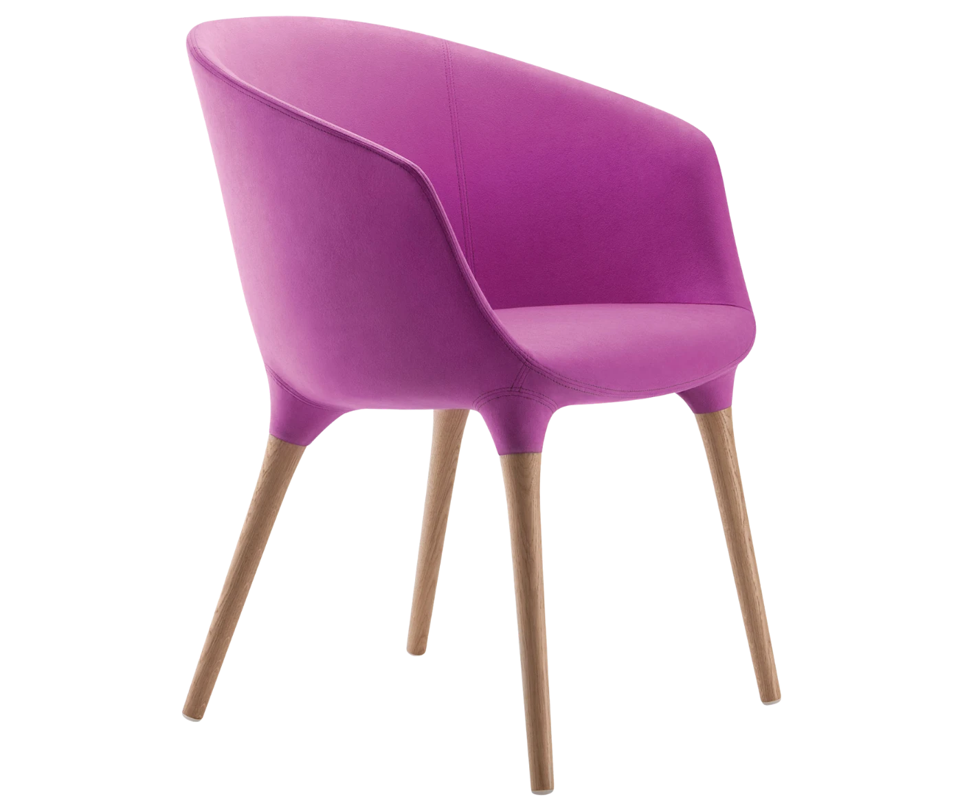 Cizeta Spring 1650 lounge chair in front view magenta curved upholstered shell and timber legs.