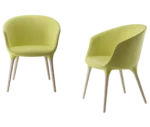 Cizeta Spring 1650 lounge chairs side by side in green lime curved shell seat and timber legs.