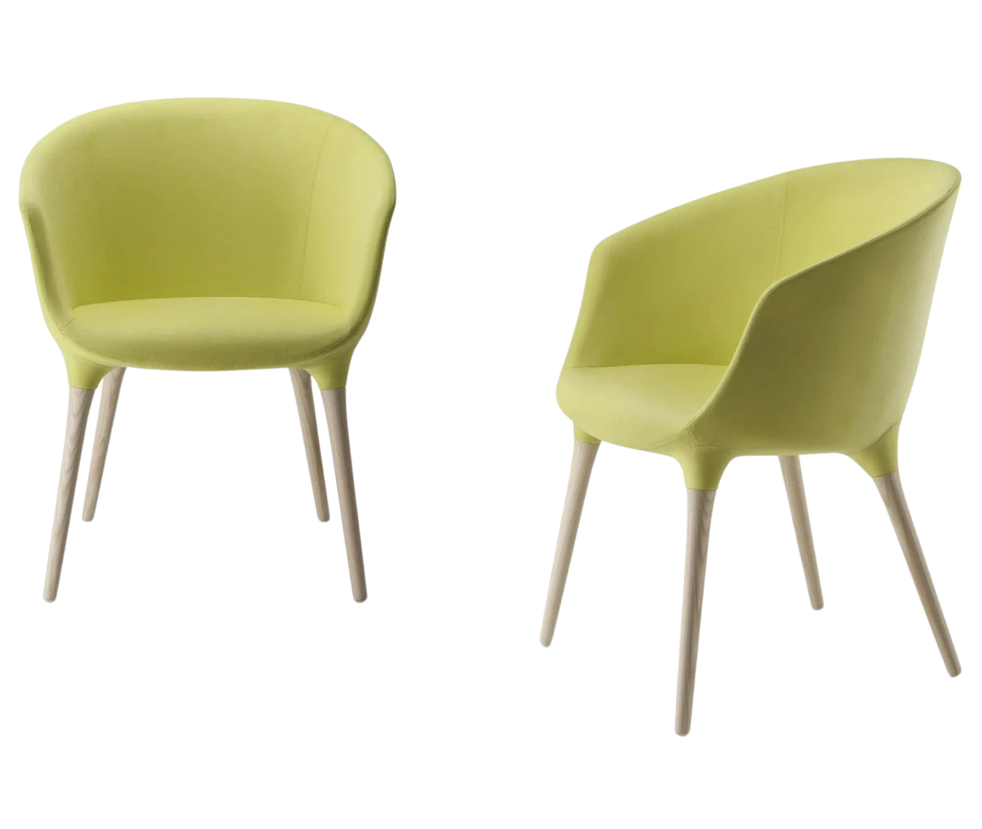 Cizeta Spring 1650 lounge chairs side by side in green lime curved shell seat and timber legs.