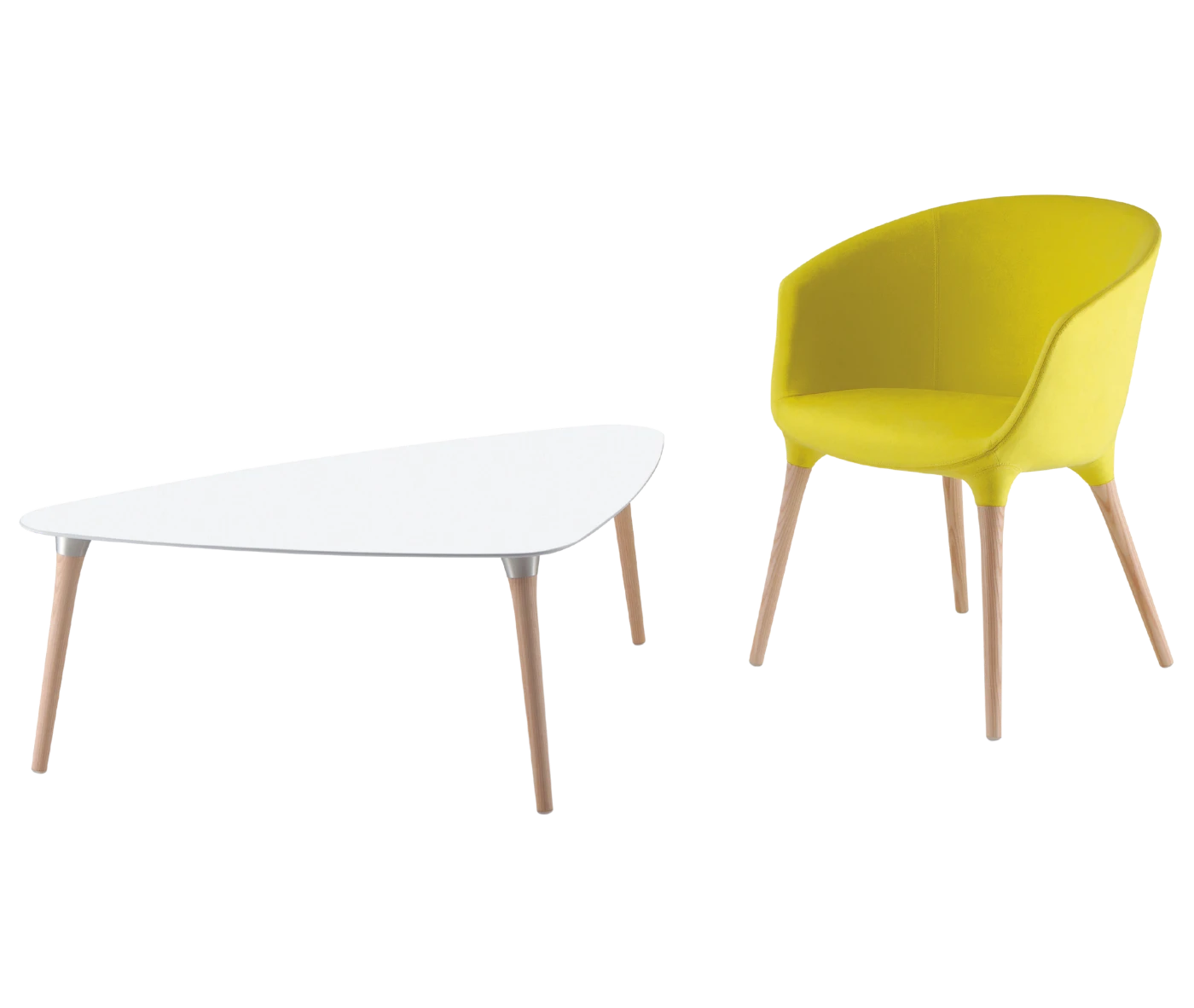 Cizeta Spring lounge chair and occasional table shown side by side with timber legs.