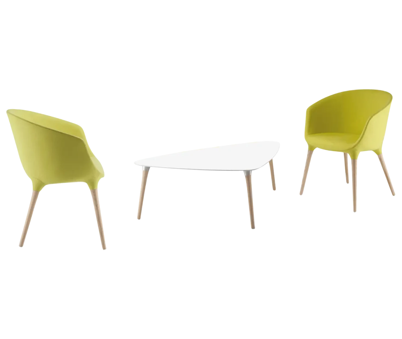 Cizeta Spring lounge chairs and occasional table shown side by side with timber legs.