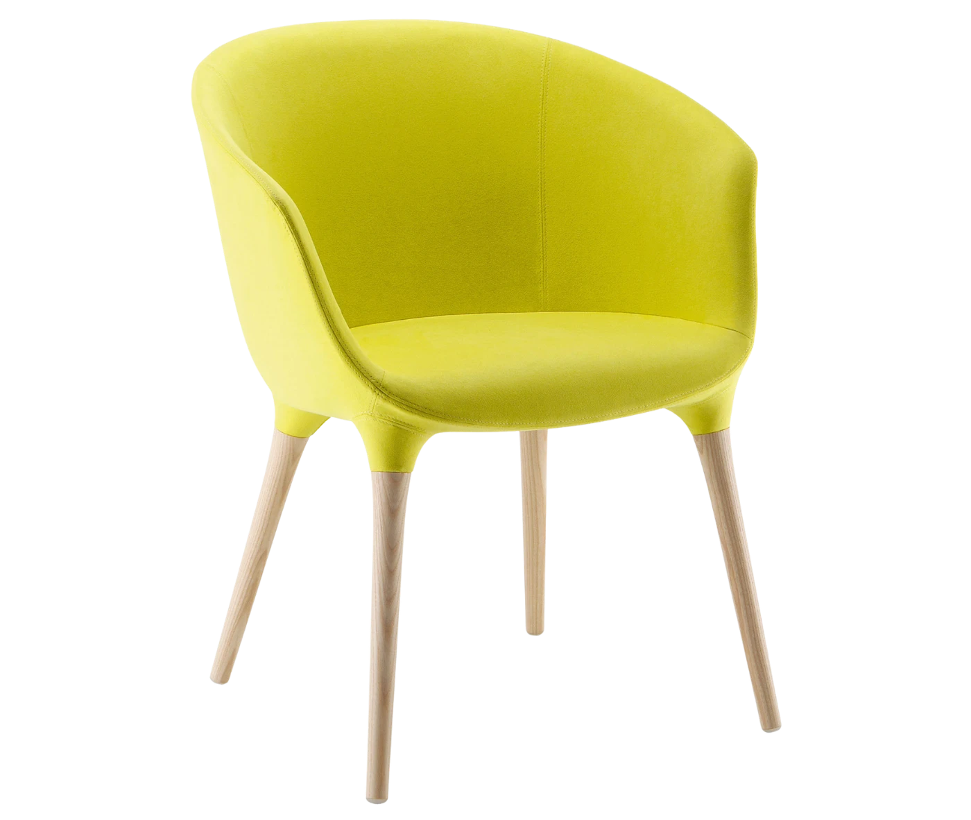 Cizeta Spring 1650 lounge chair in front-right view lime green curved upholstered shell and timber legs.