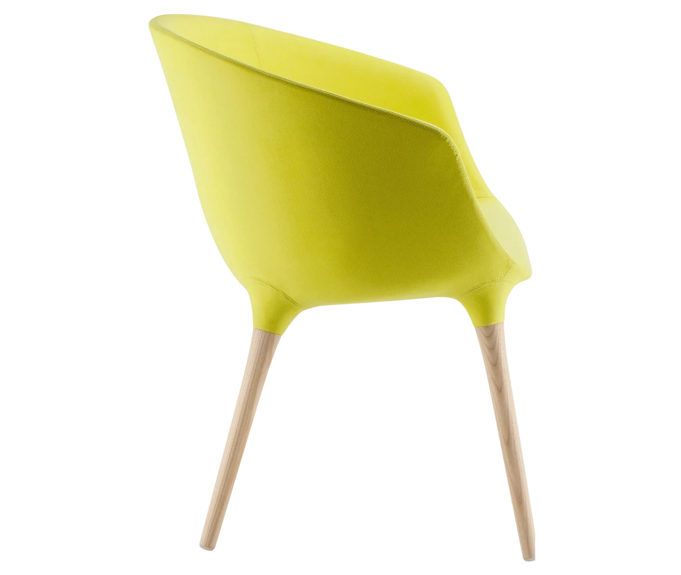 Cizeta Spring 1650 lounge chair in right-side view lime green curved upholstered shell and ash timber legs.