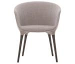 Cizeta Spring 1650 lounge chair in front view grey curved upholstered shell and dark timber legs.