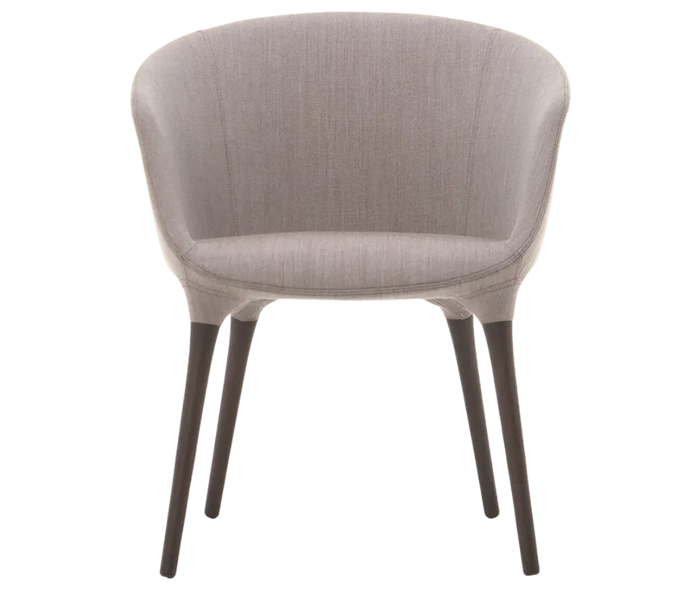 Cizeta Spring 1650 lounge chair in front view grey curved upholstered shell and dark timber legs.
