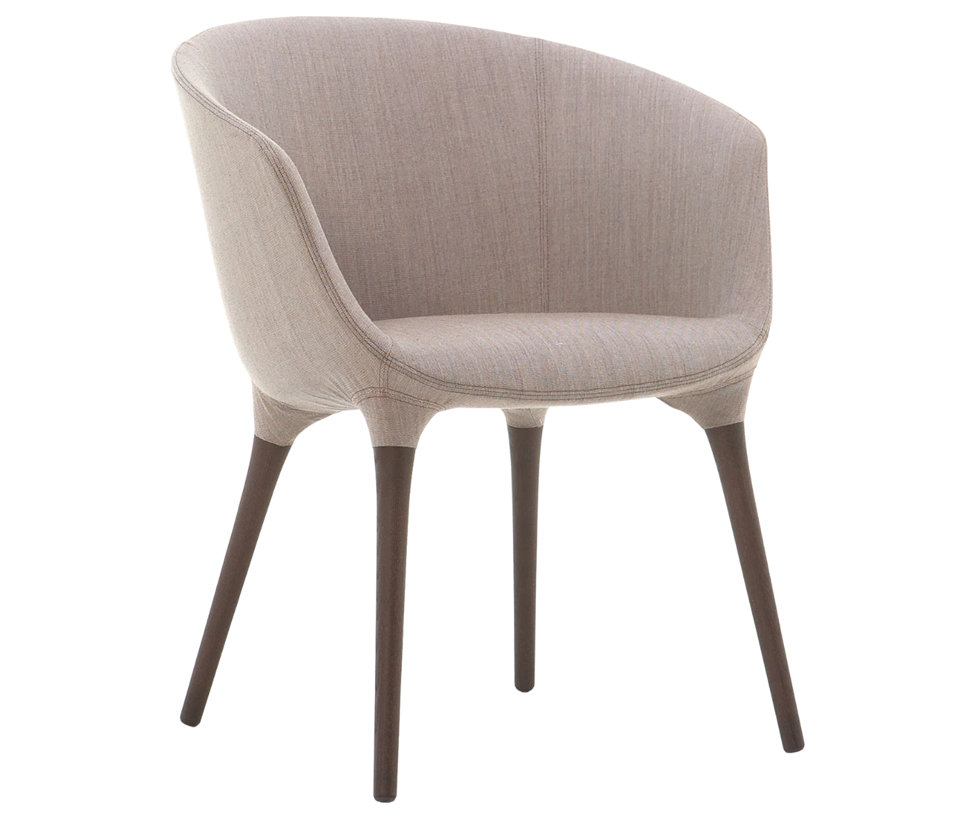 Cizeta Spring 1650 lounge chair in front-right view grey curved upholstered shell and dark timber legs.