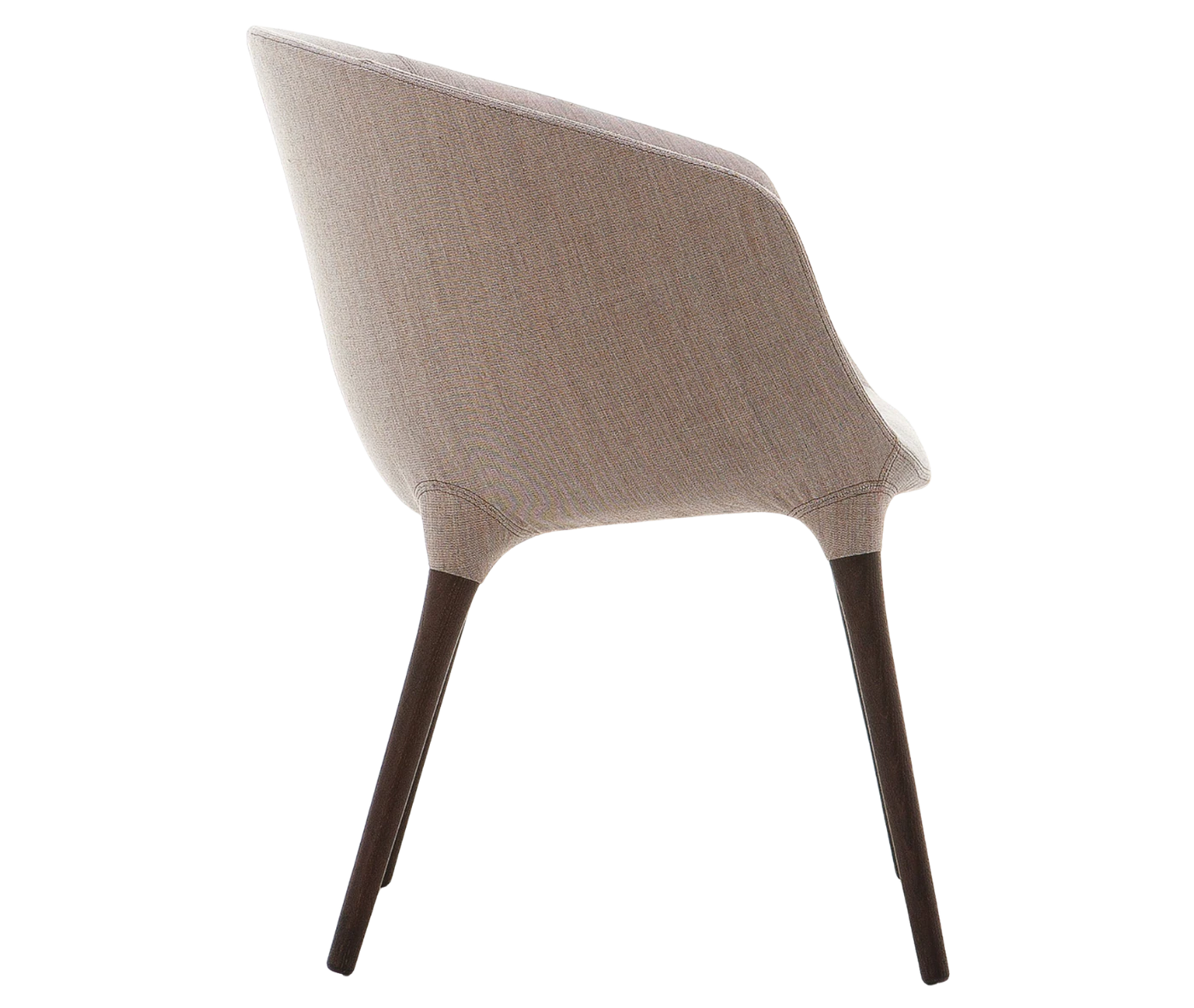 Cizeta Spring 1650 lounge chair in right-side view grey curved upholstered shell and dark timber legs.