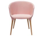 Cizeta Spring 1650 lounge chair in front view pink curved upholstered shell and timber legs.