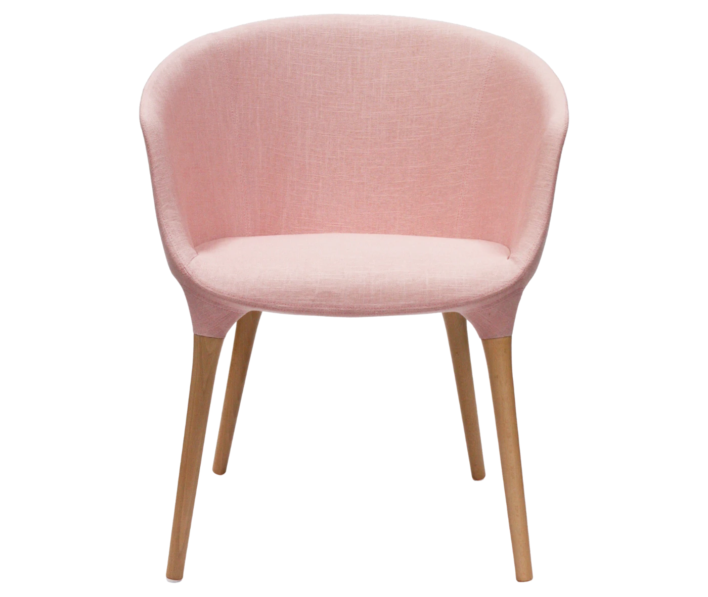 Cizeta Spring 1650 lounge chair in front view pink curved upholstered shell and timber legs.