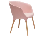 Cizeta Spring 1650 lounge chair in front-right view pink curved upholstered shell and timber legs.