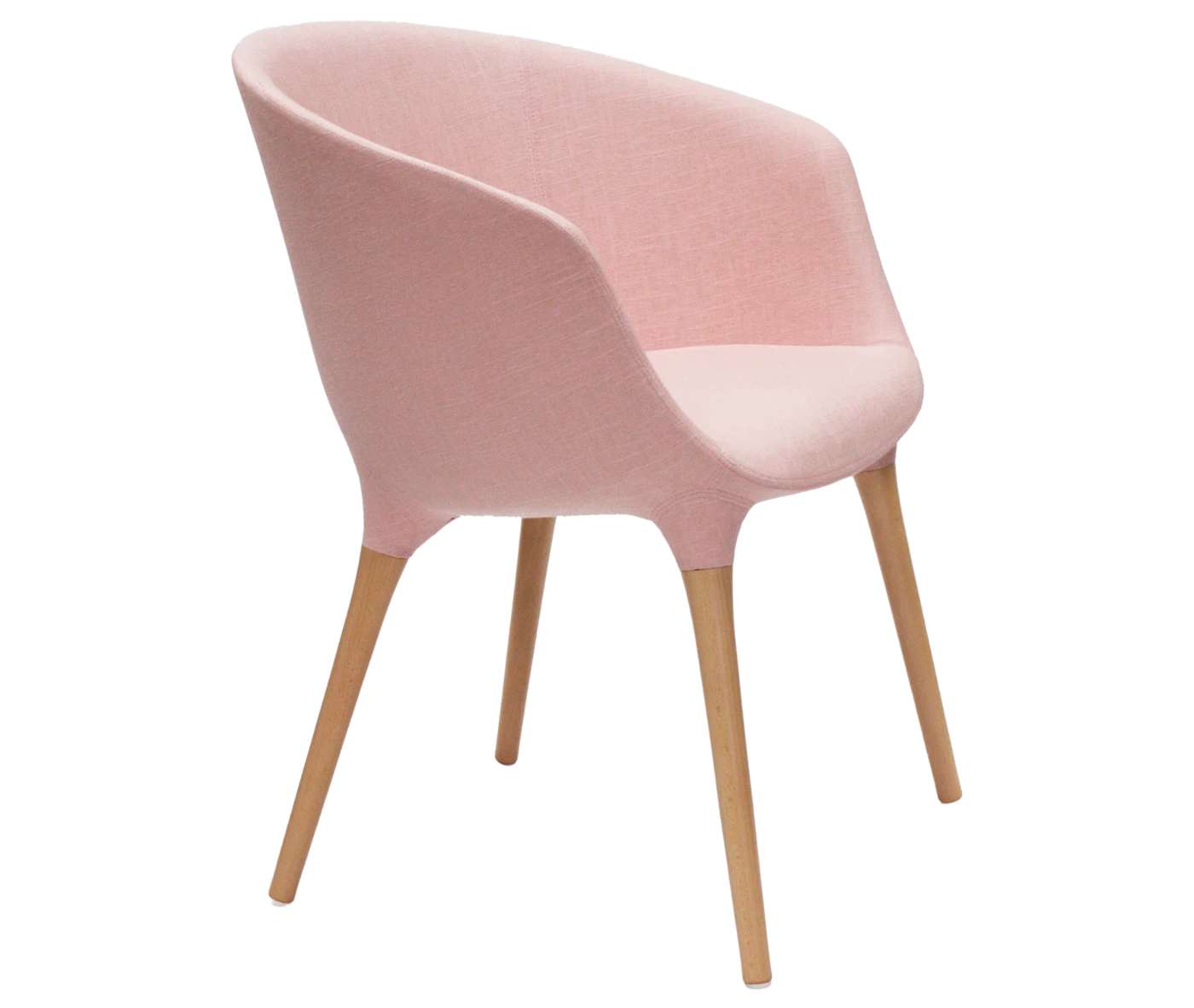 Cizeta Spring 1650 lounge chair in front-right view pink curved upholstered shell and timber legs.