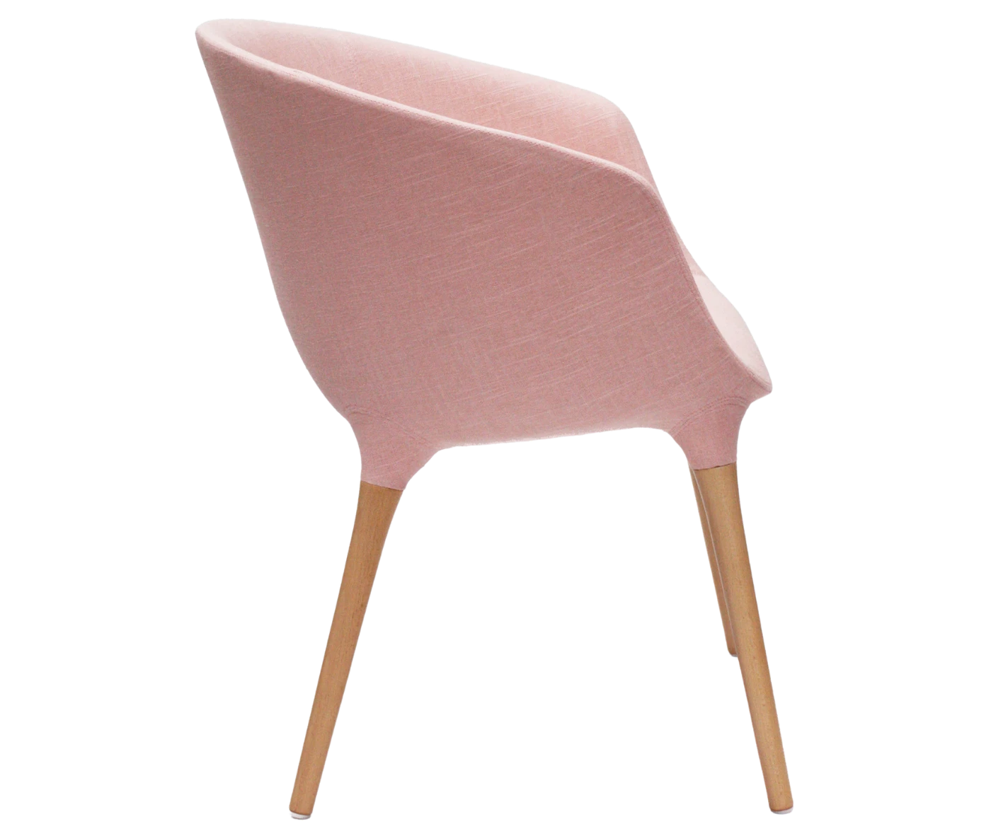 Cizeta Spring 1650 lounge chair in right-side view grey curved upholstered shell and ash timber legs.