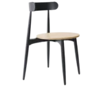 Cizeta Frisbee 2431 hospitality chair shown in front-right, black timber frame and backrest, light round seat.
