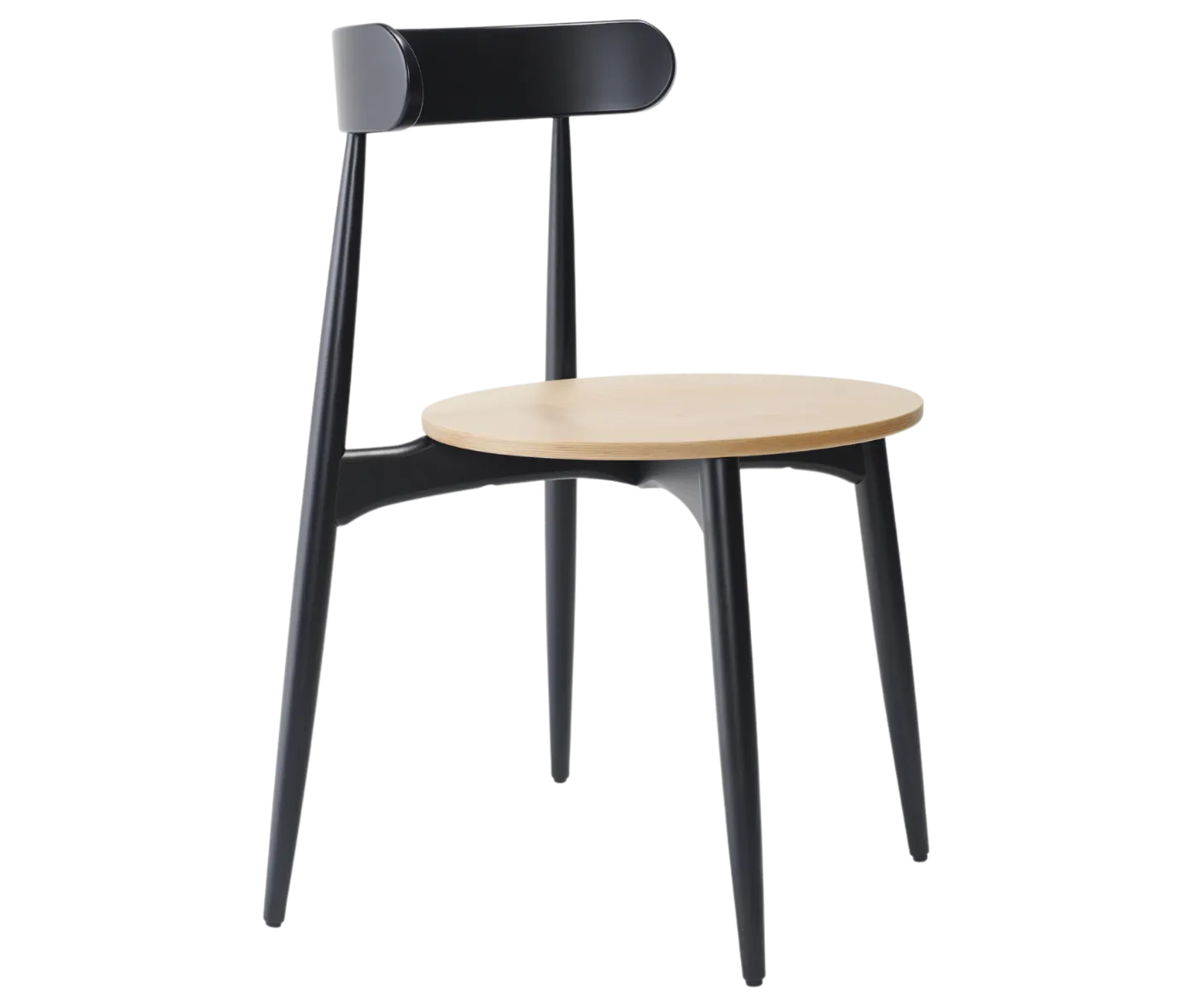 Cizeta Frisbee 2431 hospitality chair shown in front-right, black timber frame and backrest, light round seat.