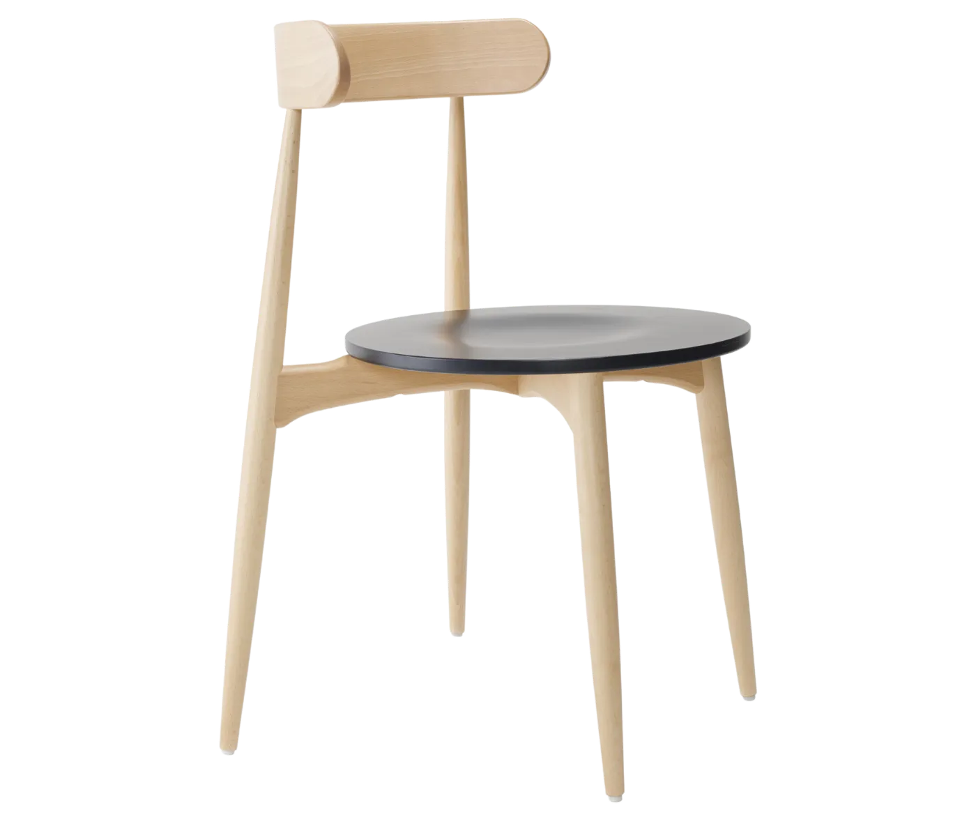 Cizeta Frisbee 2431 hospitality chair shown in front-right, light timber frame and black round seat.