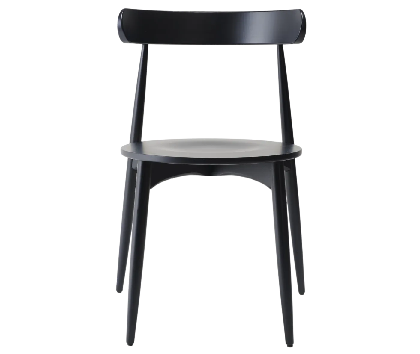 Cizeta Frisbee 2431 hospitality chair shown in front, black timber frame, round seat and circular backrest.
