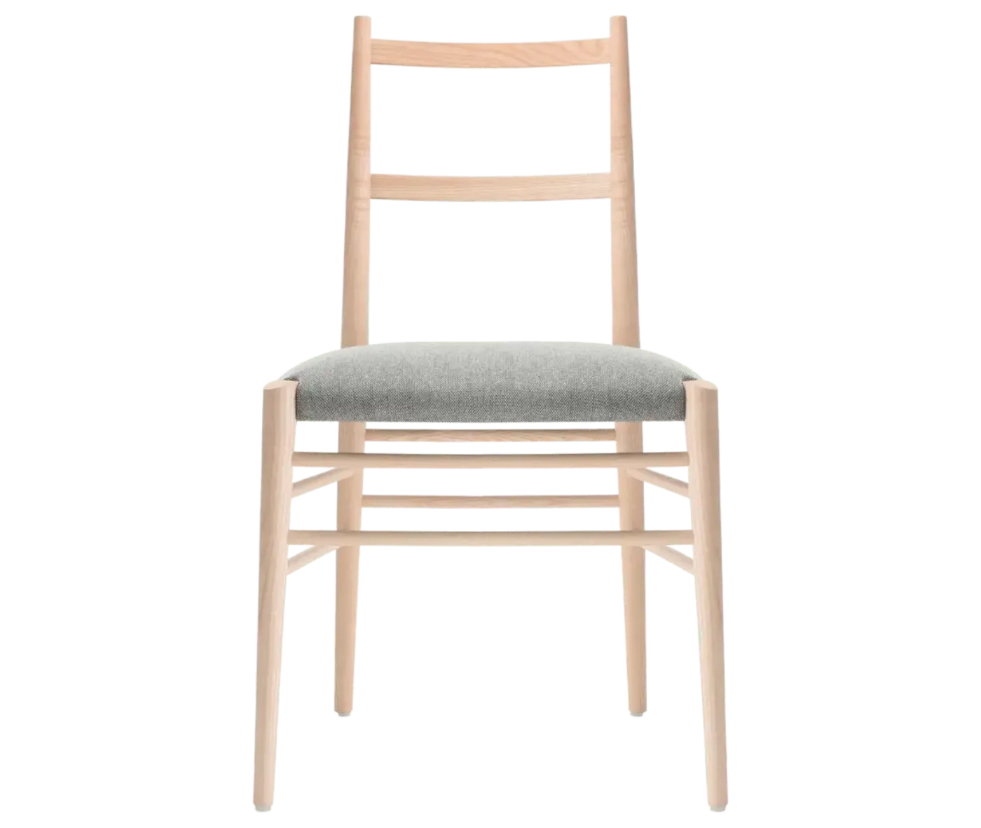 Cizeta Alpha 2521 hospitality chair shown in front view with a light ash timber frame and ladder-back design, grey upholstered seat.