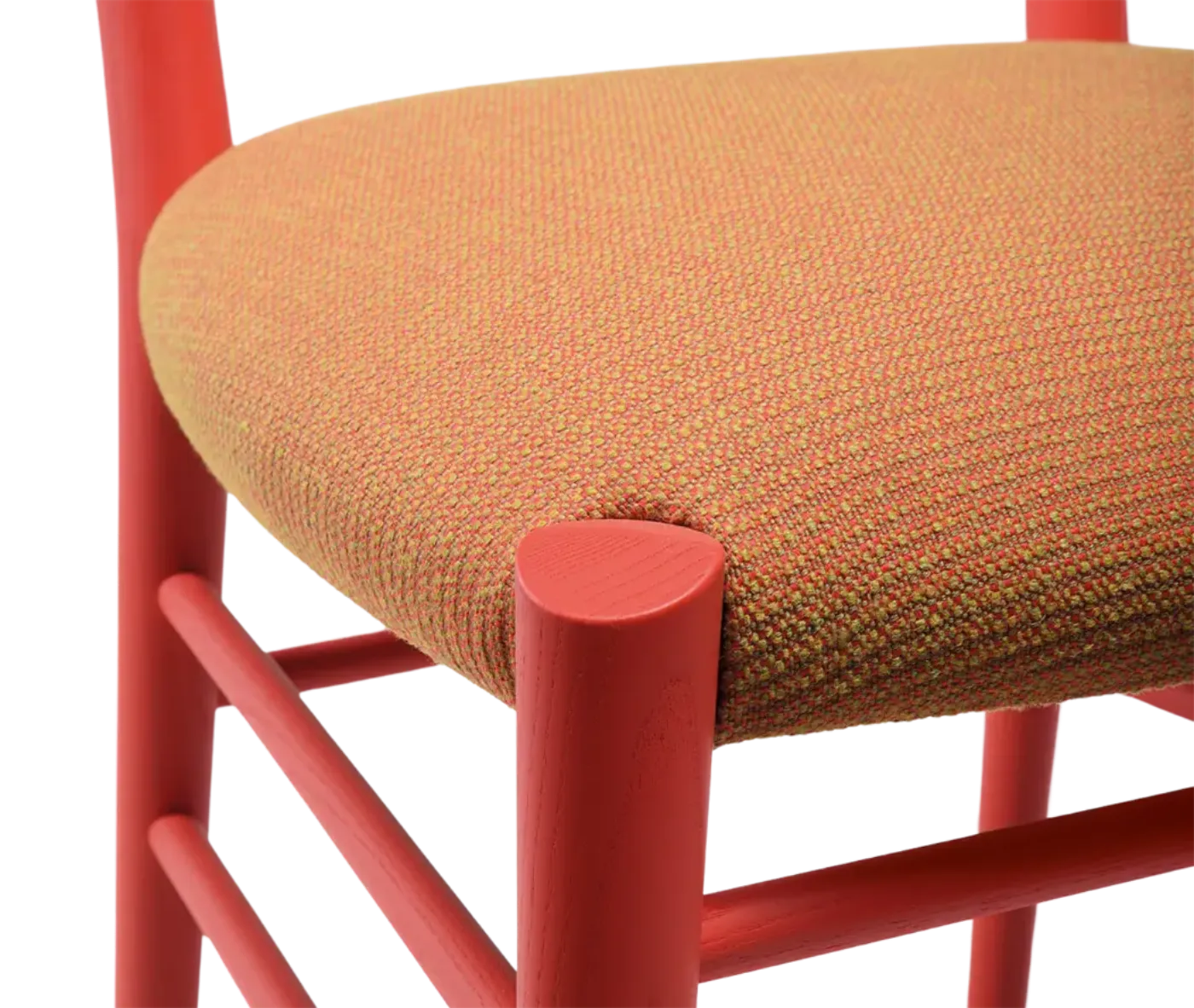 Closed-up view of Cizeta Alpha 2521 in red timber frame and elastic webbing upholstered seat.