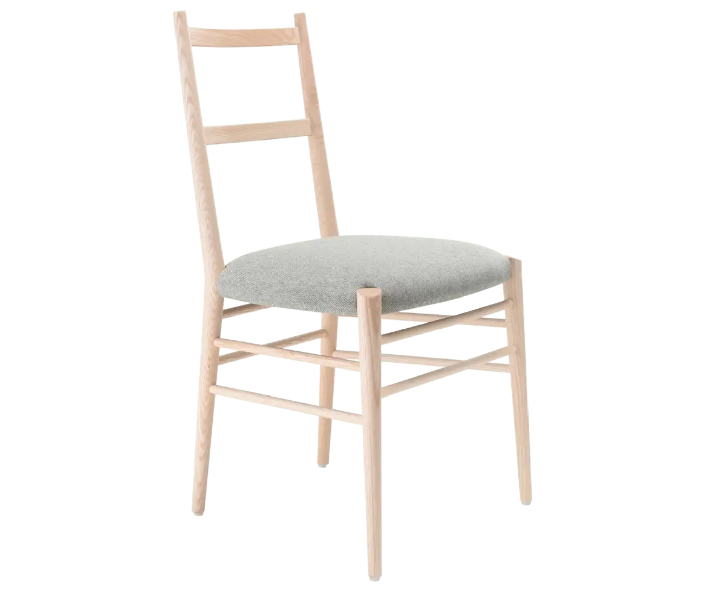 Cizeta Alpha 2521 hospitality chair shown in front-right view with a light ash timber frame and ladder-back design, grey upholstered seat.