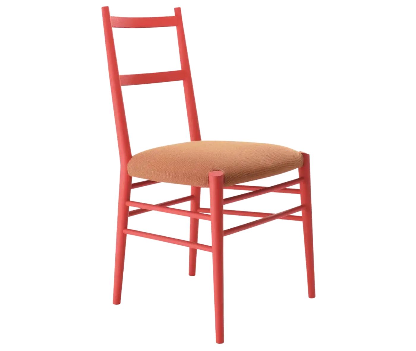 Cizeta Alpha 2521 hospitality chair shown in front-right view with a red timber frame, ladder-back backrest, and red upholstered seat.