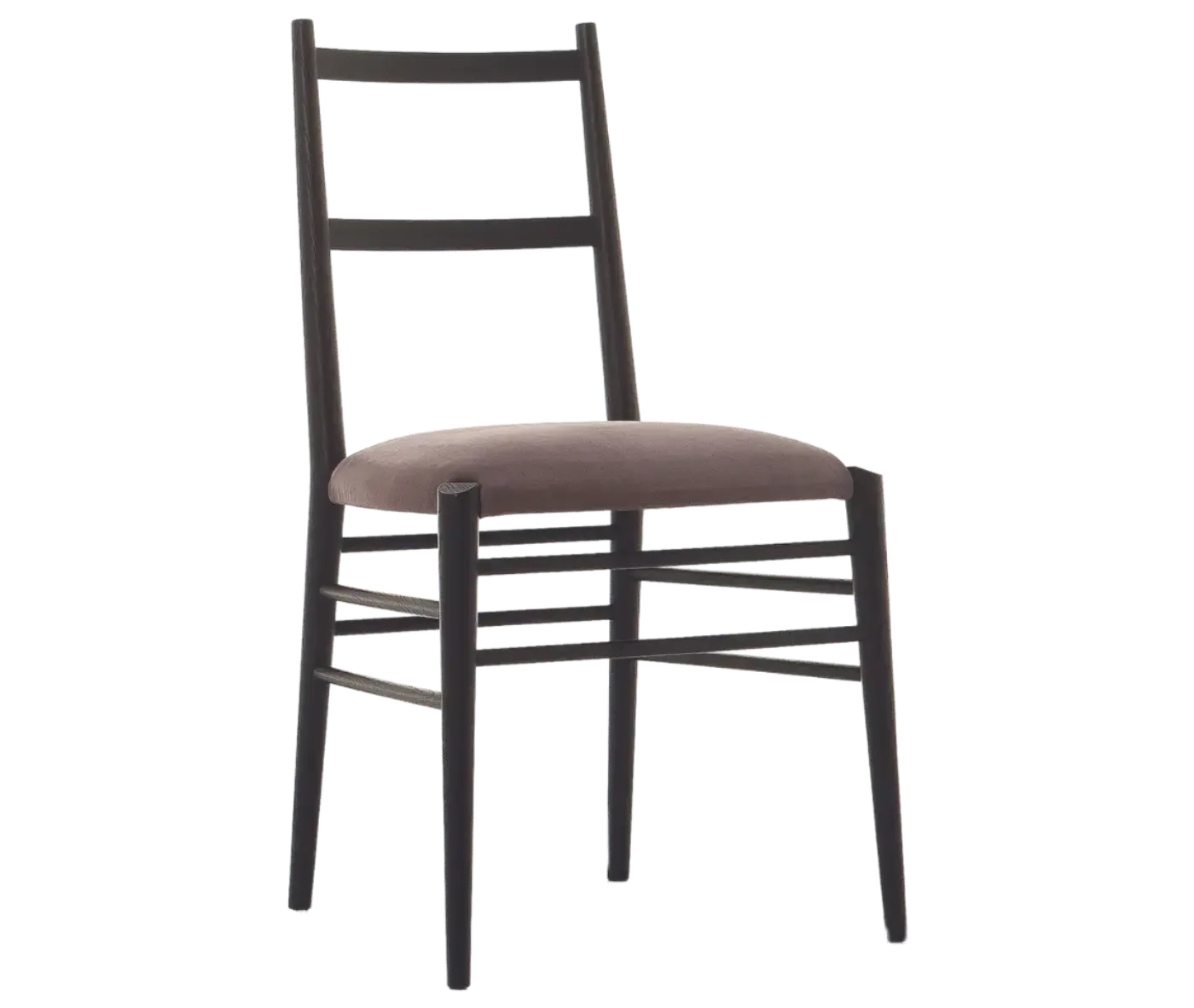 Cizeta Alpha 2521 hospitality chair shown in front-right view with a black timber frame, ladder-back backrest, and dark upholstered seat.