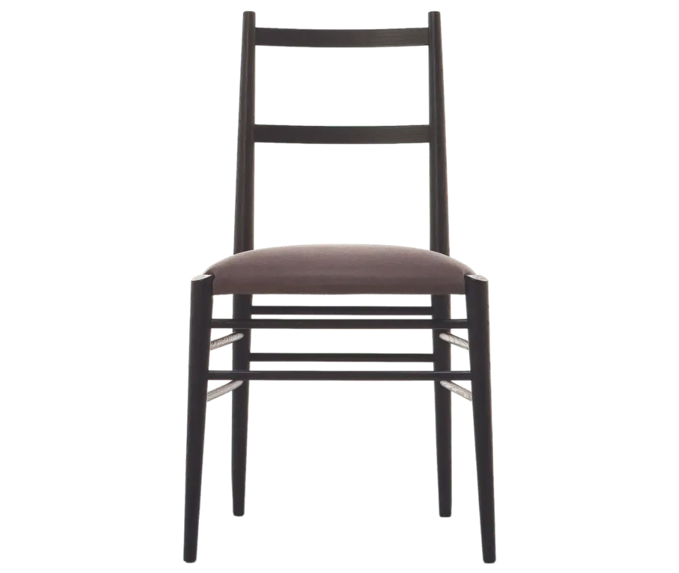 Cizeta Alpha 2521 hospitality chair shown in front view with a black timber frame, ladder-back backrest, and dark upholstered seat.
